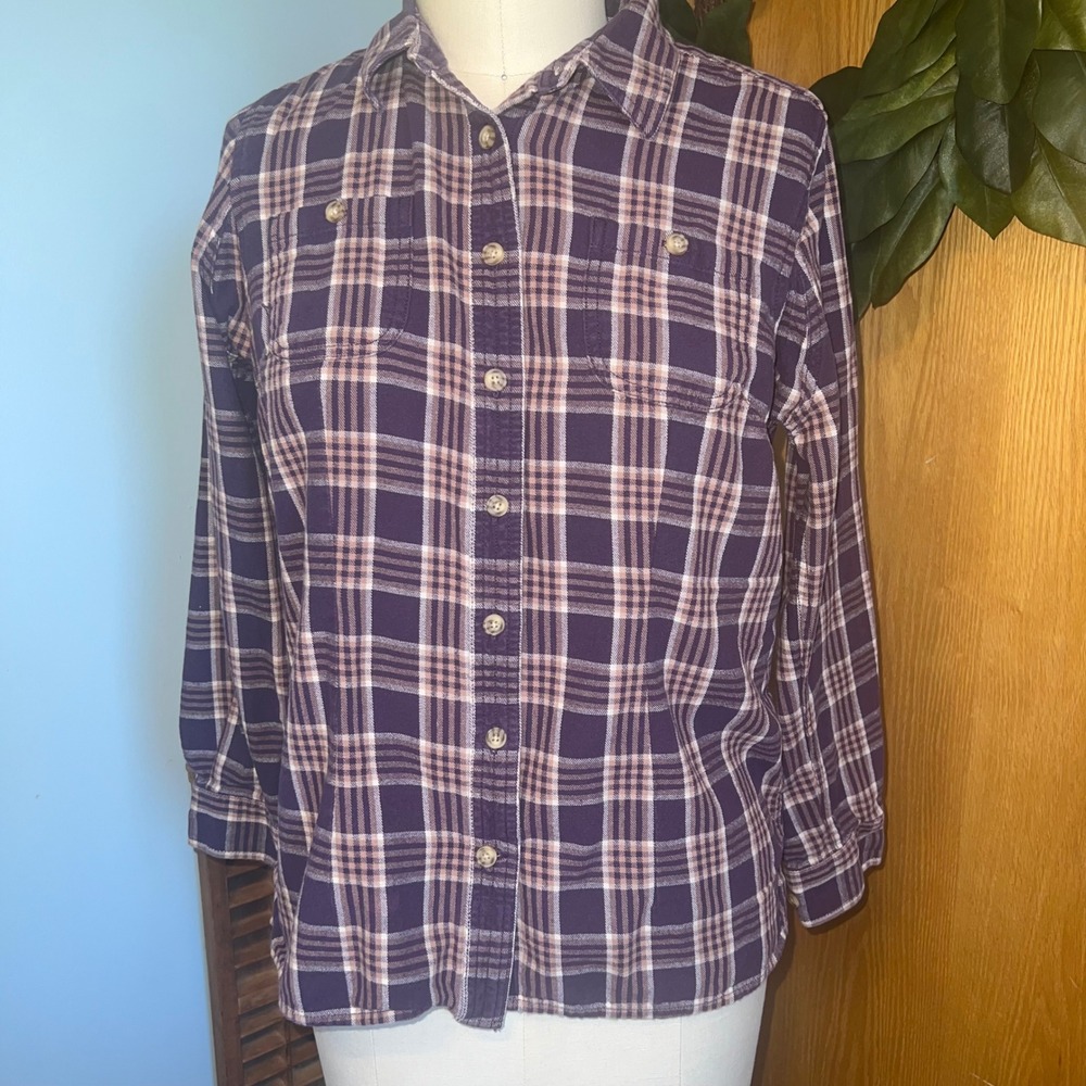 Duluth Trading Plaid Flannel Shirt Purple Beige Long Sleeve Casual‎ Top Medium